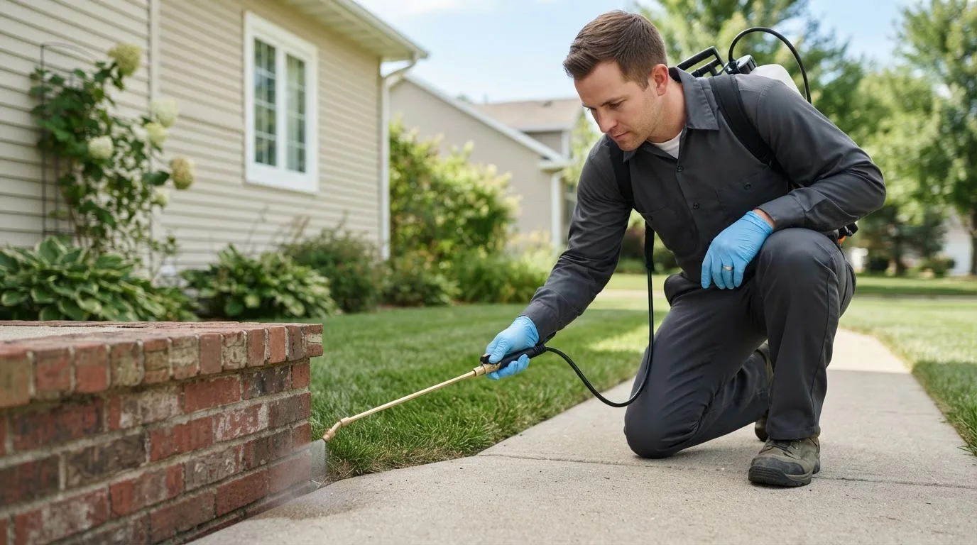 Pest control technician treating a home near Lincolnville, KS